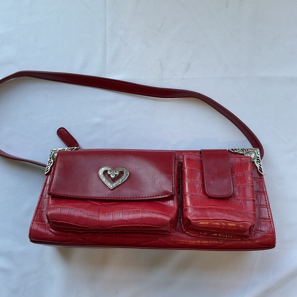 Red Croc Embossed Baguette Bag Heart Accent Designer Purse